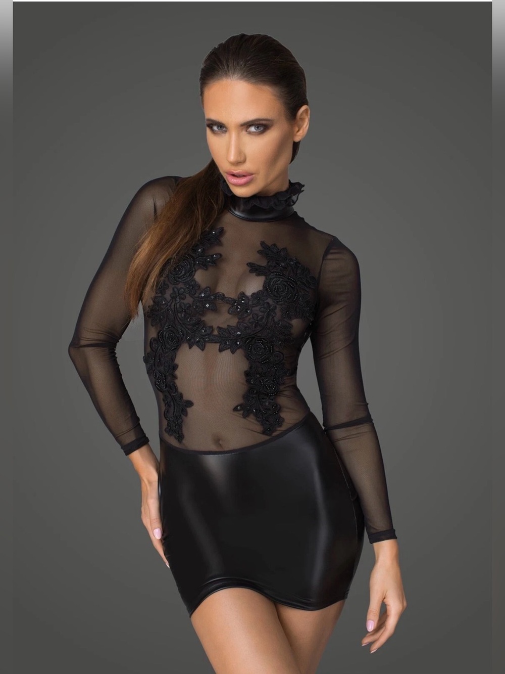 Noir Handmade Sheer Mesh Faux Leather Lace Cutout Mini Dress Black XL